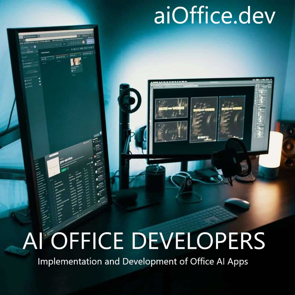 AIO Square 1 text Advanced AI Office Developer workspace with dual monitors and creative software.